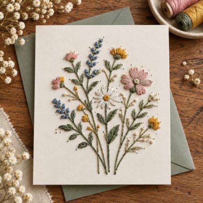 Cartão bordado com buquê de flores silvestres