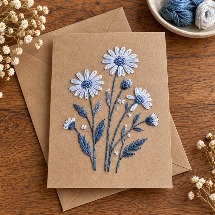 Cartão bordado com margaridas em papel kraft