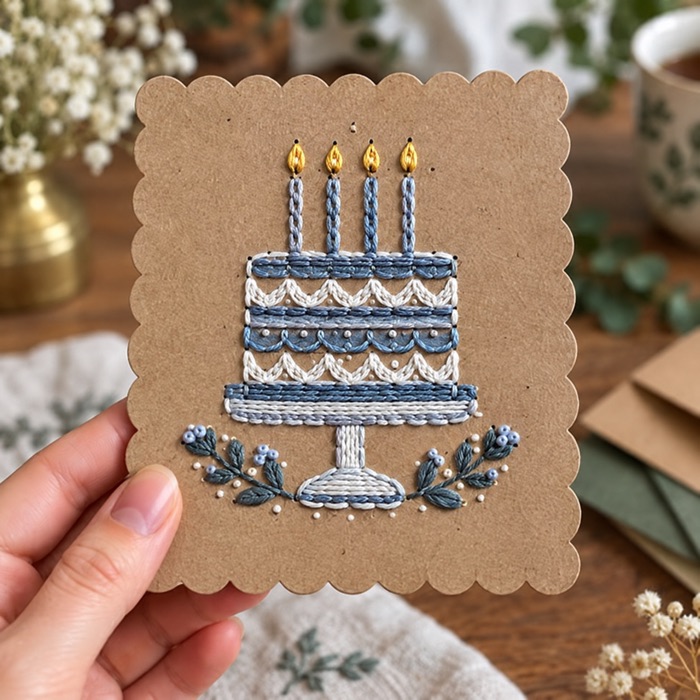 Cartão bordado com desenho de bolo de aniversário