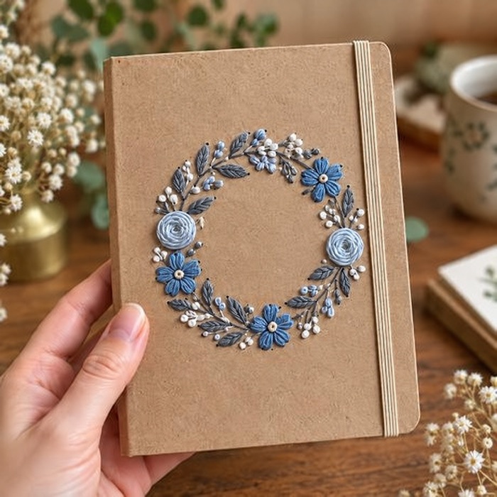 Caderno com coroa de flores bordada na capa