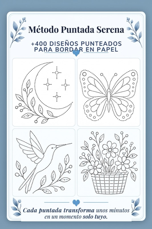 Página de amostra: lua, borboleta, beija-flor e vaso pontilhados para bordar