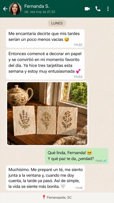 Conversa de WhatsApp contando a experiência bordando no papel