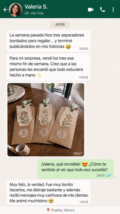 Conversa de WhatsApp mostrando o bordado emoldurado